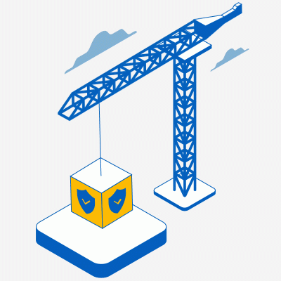 Large construction crane lifting a heavy block that has a secure symbol on it